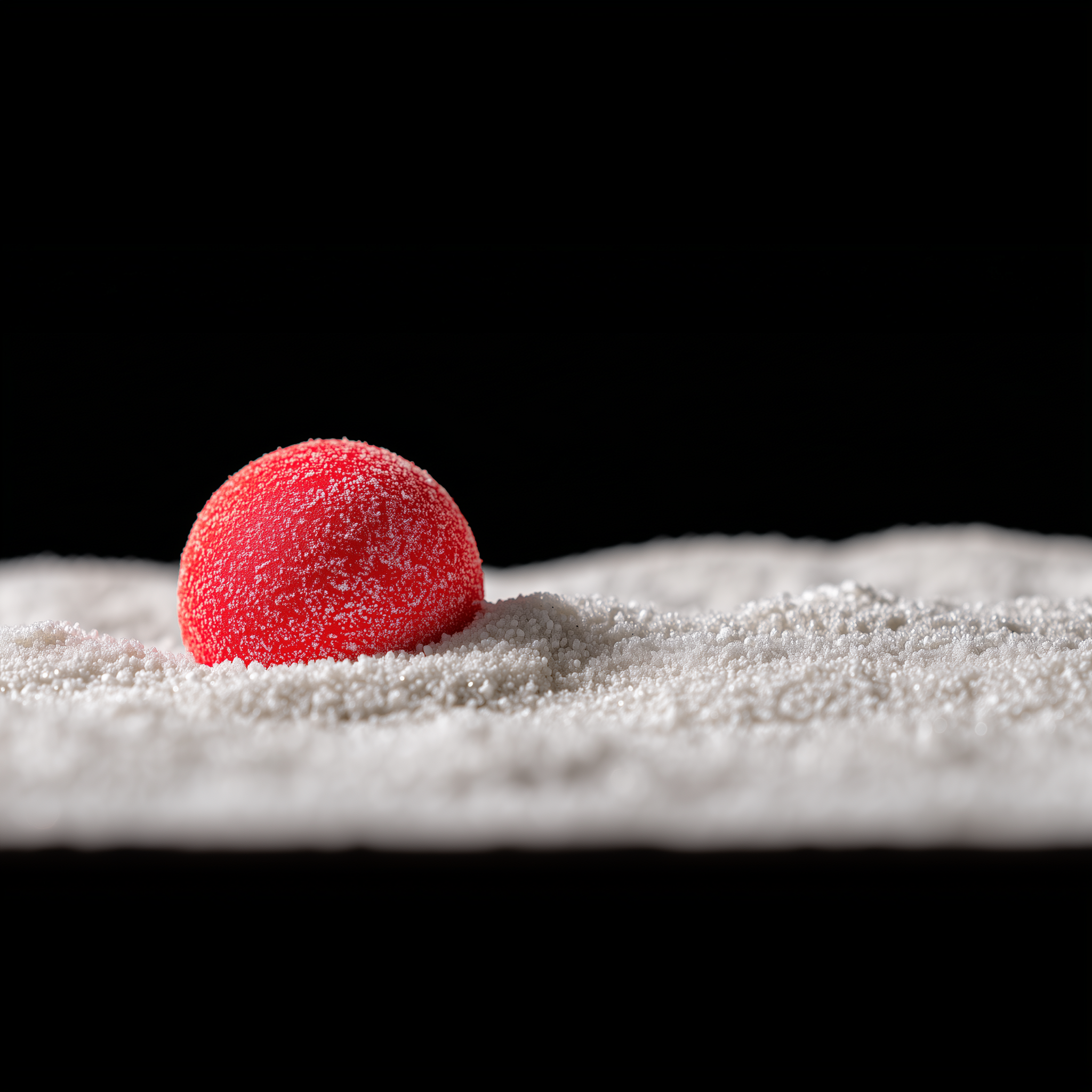 A close-up of a red rubber ball half-buried in a field of fine white salt — the smallness that is precious.