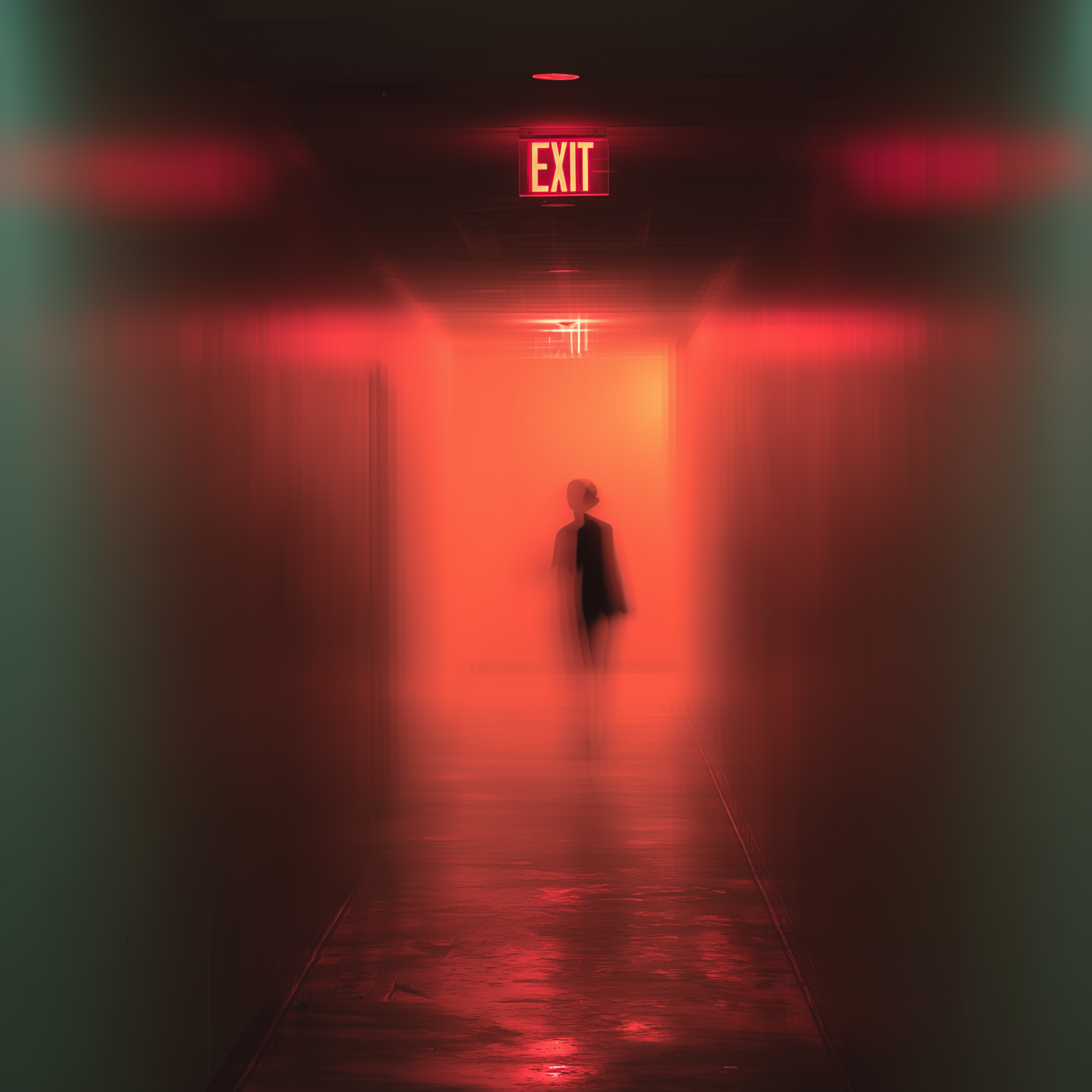 A motion-blurred silhouette of a person under a red EXIT sign at the end of a darkened corridor — the question of who decides the exception.