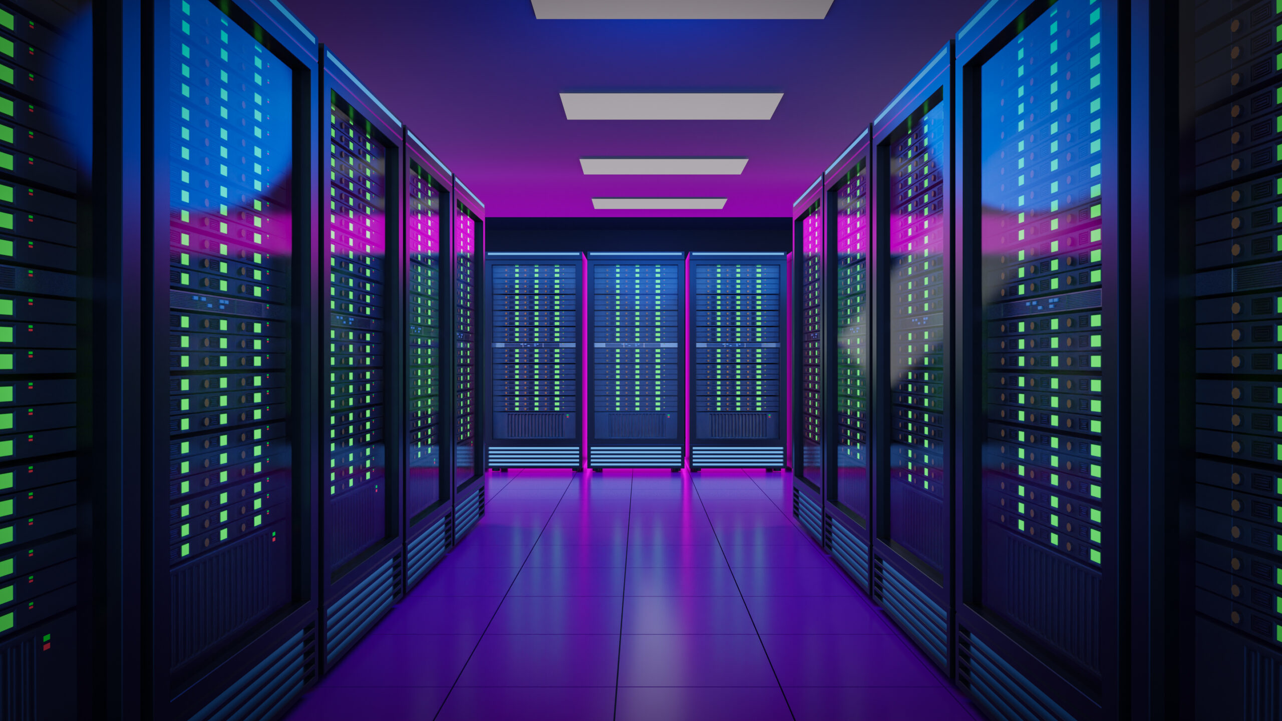 A long aisle of illuminated server racks glowing in magenta, blue, and green — the architecture of Babel rendered as data center.