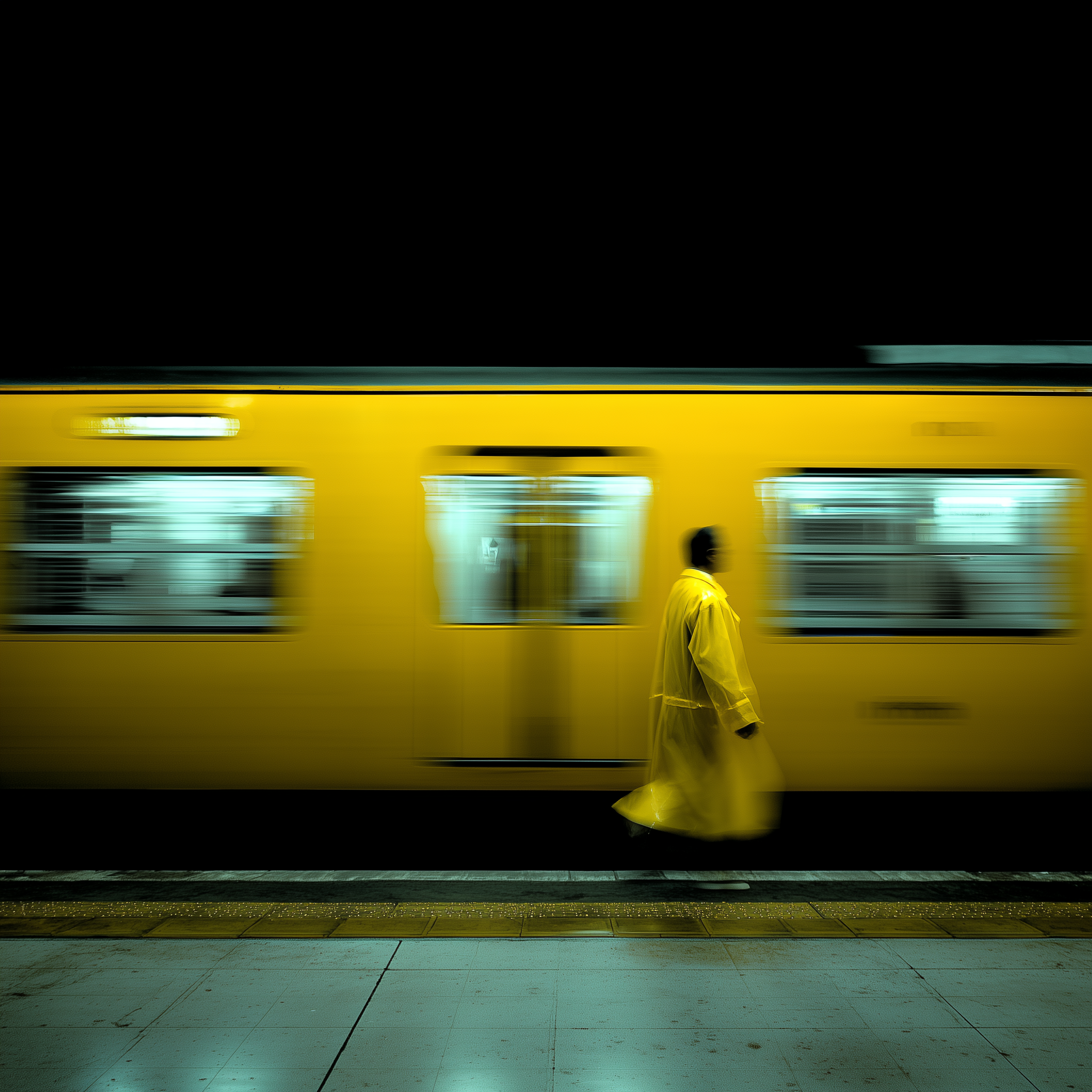 A yellow train rushing past a station platform with a single passenger in motion blur.